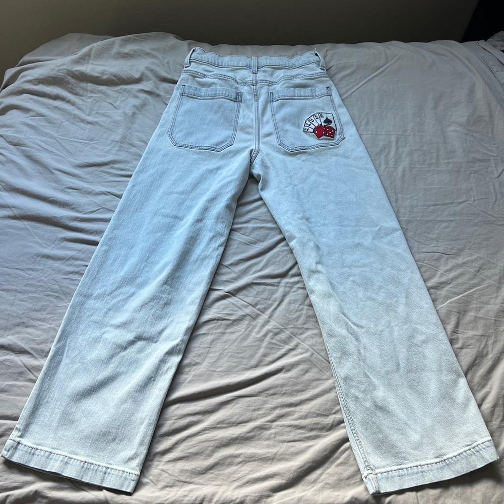 HOLLISTER Super Baggy Jeans Women's Size 30x32 Light Wash Denim Casino Graphic